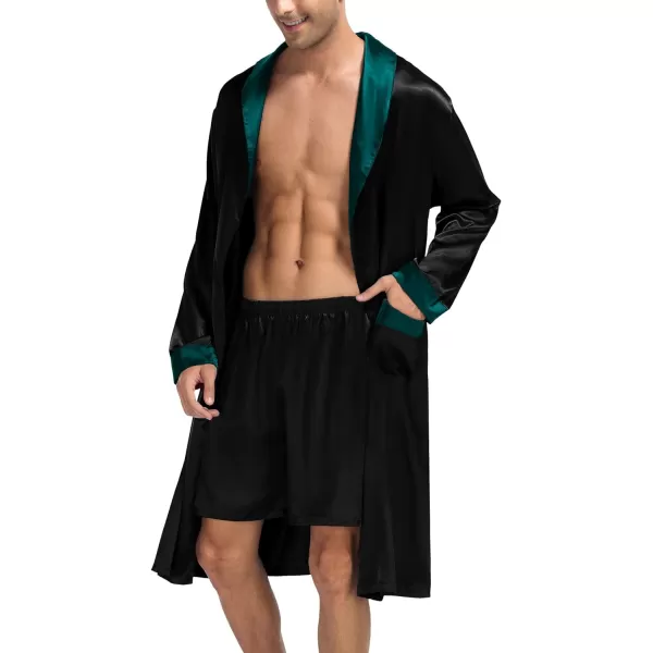 SWOMOG Mens Satin Robe with Shorts Set Silky Kimono Bathrobe Lightweight Soft SleepwearBlack1