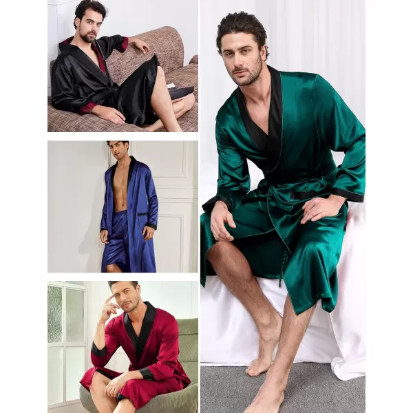 SWOMOG Mens Satin Robe with Shorts Set Silky Kimono Bathrobe Lightweight Soft SleepwearDark Green