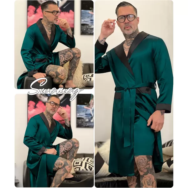 SWOMOG Mens Satin Robe with Shorts Set Silky Kimono Bathrobe Lightweight Soft SleepwearDark Green