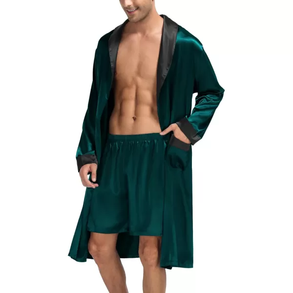 SWOMOG Mens Satin Robe with Shorts Set Silky Kimono Bathrobe Lightweight Soft SleepwearDark Green