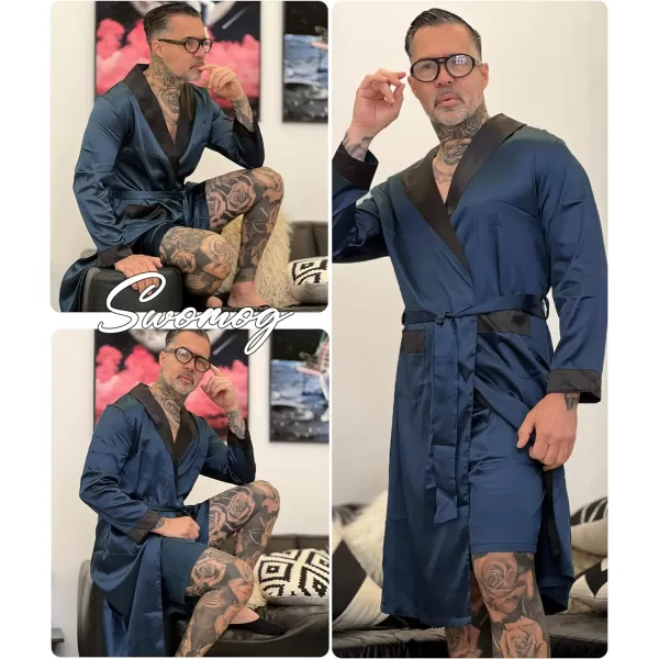 SWOMOG Mens Satin Robe with Shorts Set Silky Kimono Bathrobe Lightweight Soft SleepwearDark Grey