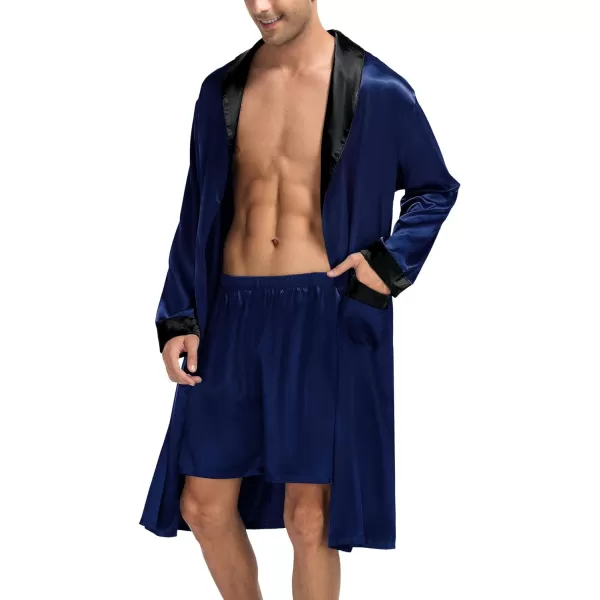 SWOMOG Mens Satin Robe with Shorts Set Silky Kimono Bathrobe Lightweight Soft SleepwearDark Navy Blue