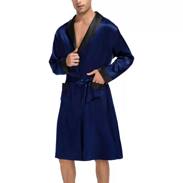 SWOMOG Mens Satin Robe with Shorts Set Silky Kimono Bathrobe Lightweight Soft SleepwearDark Navy Blue