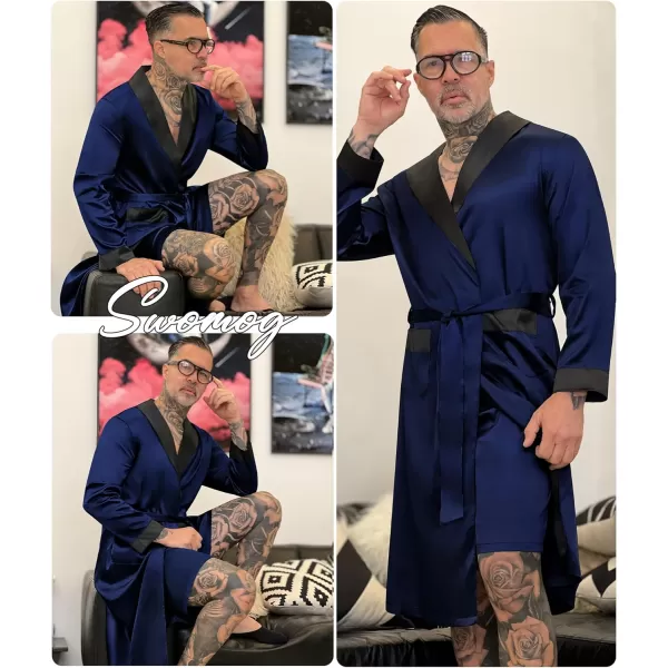 SWOMOG Mens Satin Robe with Shorts Set Silky Kimono Bathrobe Lightweight Soft SleepwearDark Navy Blue