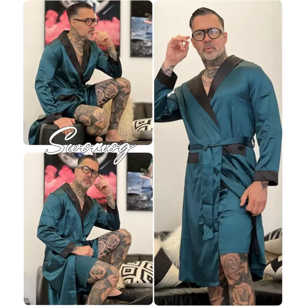 SWOMOG Mens Satin Robe with Shorts Set Silky Kimono Bathrobe Lightweight Soft SleepwearGreen