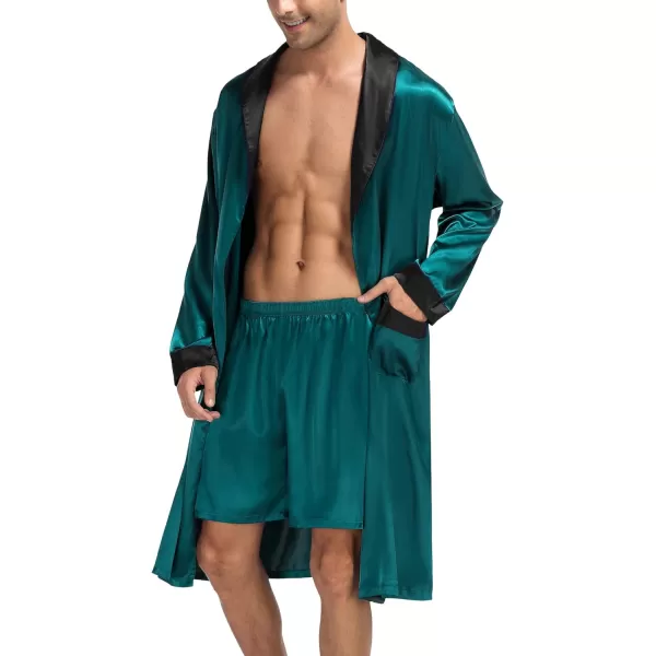 SWOMOG Mens Satin Robe with Shorts Set Silky Kimono Bathrobe Lightweight Soft SleepwearGreen