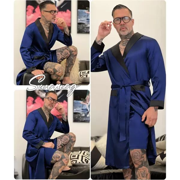 SWOMOG Mens Satin Robe with Shorts Set Silky Kimono Bathrobe Lightweight Soft SleepwearNavy Blue