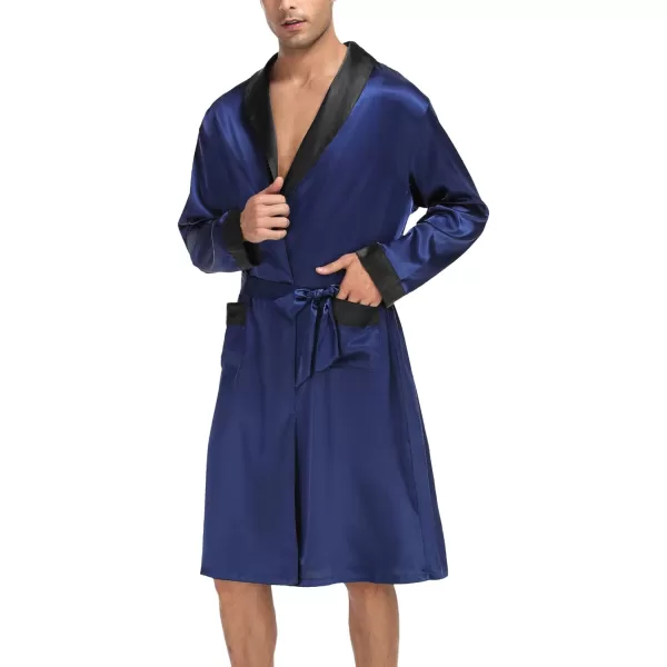 SWOMOG Mens Satin Robe with Shorts Set Silky Kimono Bathrobe Lightweight Soft SleepwearNavy Blue