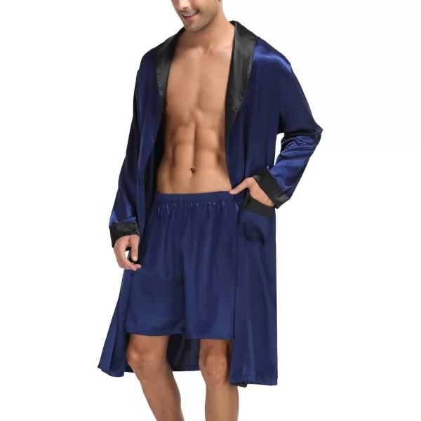 SWOMOG Mens Satin Robe with Shorts Set Silky Kimono Bathrobe Lightweight Soft SleepwearNavy Blue