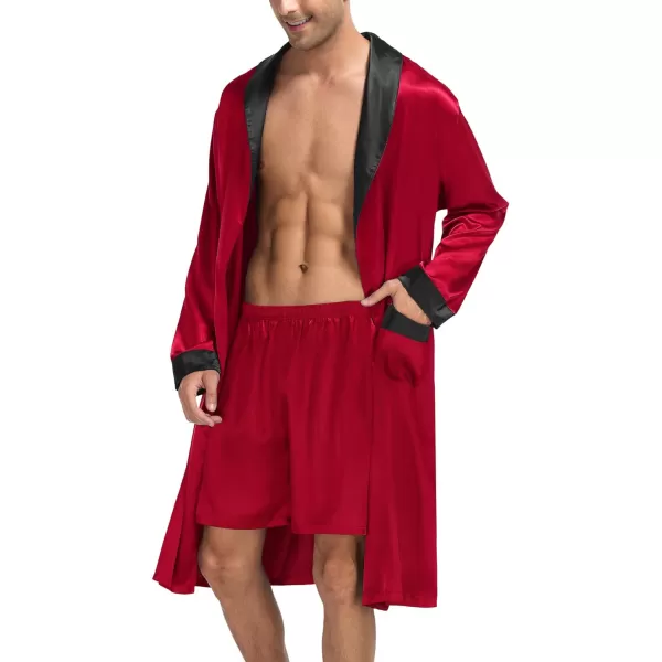 SWOMOG Mens Satin Robe with Shorts Set Silky Kimono Bathrobe Lightweight Soft SleepwearRed