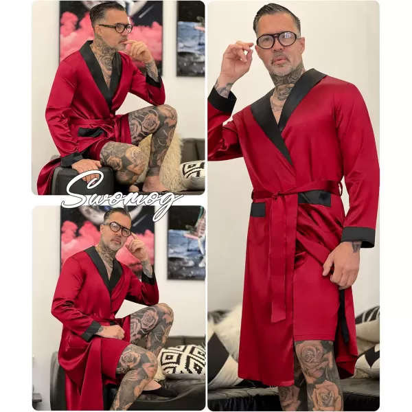 SWOMOG Mens Satin Robe with Shorts Set Silky Kimono Bathrobe Lightweight Soft SleepwearRed