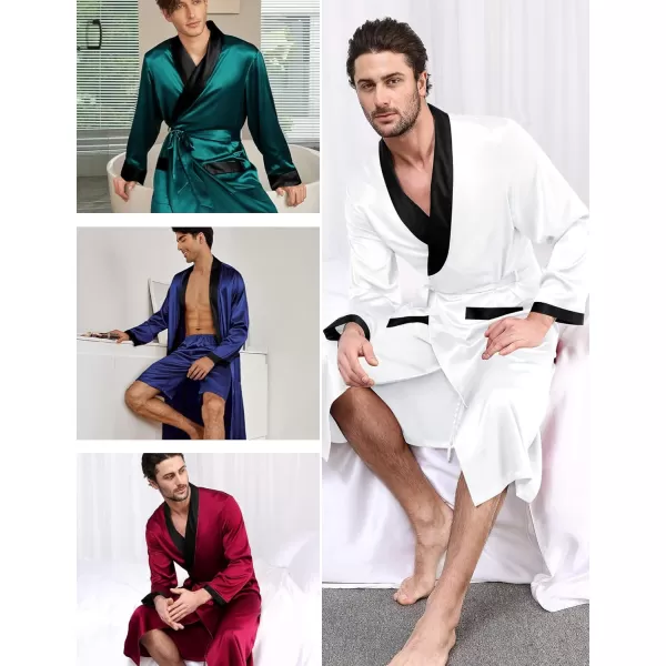 SWOMOG Mens Satin Robe with Shorts Set Silky Kimono Bathrobe Lightweight Soft SleepwearWhite