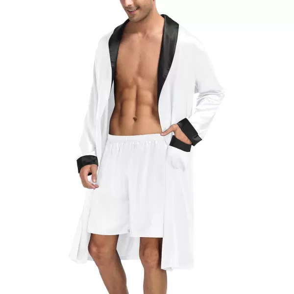 SWOMOG Mens Satin Robe with Shorts Set Silky Kimono Bathrobe Lightweight Soft SleepwearWhite