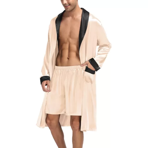 SWOMOG Mens Satin Robe with Shorts Set Silky Kimono Bathrobe Lightweight Soft SleepwearZchampagne
