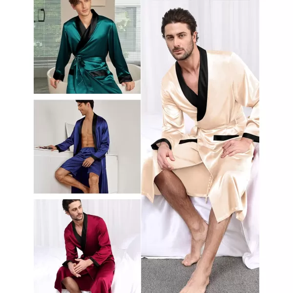 SWOMOG Mens Satin Robe with Shorts Set Silky Kimono Bathrobe Lightweight Soft SleepwearZchampagne