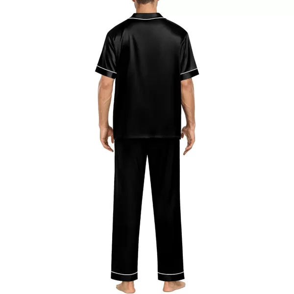 SWOMOG Mens Silk Satin Pajamas Sets Short Sleeve Pj Sets Classic Button Down Loungewear with Long PantsBlack