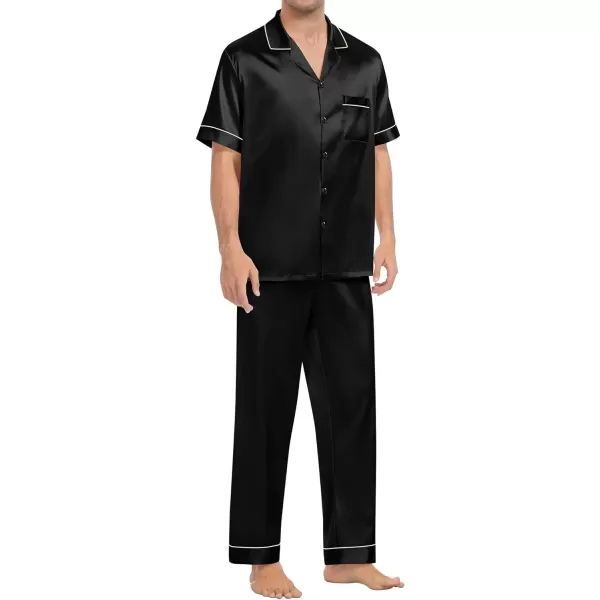 SWOMOG Mens Silk Satin Pajamas Sets Short Sleeve Pj Sets Classic Button Down Loungewear with Long PantsBlack