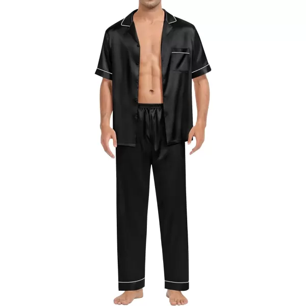 SWOMOG Mens Silk Satin Pajamas Sets Short Sleeve Pj Sets Classic Button Down Loungewear with Long PantsBlack