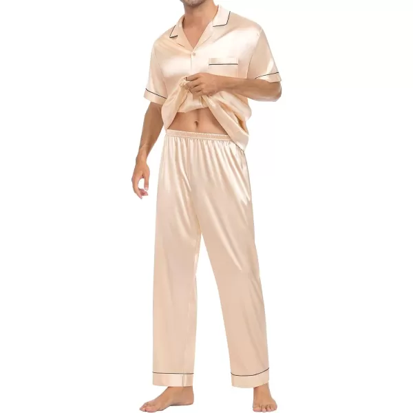 SWOMOG Mens Silk Satin Pajamas Sets Short Sleeve Pj Sets Classic Button Down Loungewear with Long PantsChampagne