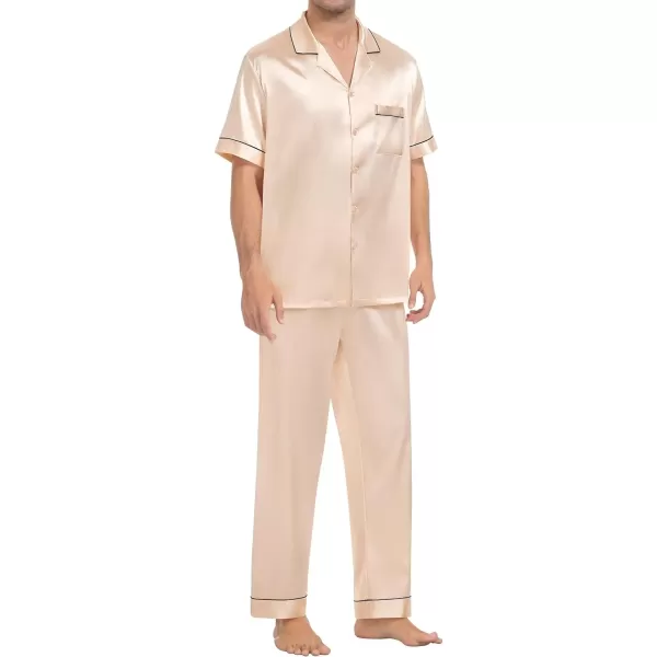 SWOMOG Mens Silk Satin Pajamas Sets Short Sleeve Pj Sets Classic Button Down Loungewear with Long PantsChampagne