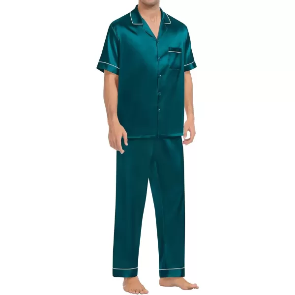 SWOMOG Mens Silk Satin Pajamas Sets Short Sleeve Pj Sets Classic Button Down Loungewear with Long PantsDeep Green