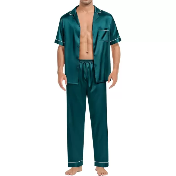 SWOMOG Mens Silk Satin Pajamas Sets Short Sleeve Pj Sets Classic Button Down Loungewear with Long PantsDeep Green