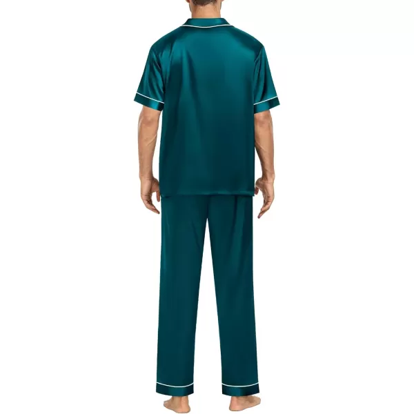 SWOMOG Mens Silk Satin Pajamas Sets Short Sleeve Pj Sets Classic Button Down Loungewear with Long PantsDeep Green