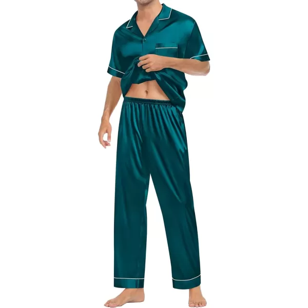 SWOMOG Mens Silk Satin Pajamas Sets Short Sleeve Pj Sets Classic Button Down Loungewear with Long PantsDeep Green