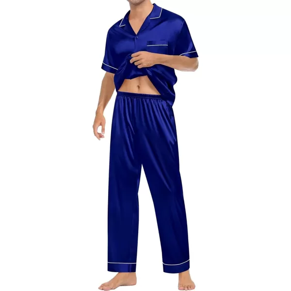 SWOMOG Mens Silk Satin Pajamas Sets Short Sleeve Pj Sets Classic Button Down Loungewear with Long PantsNavy Blue