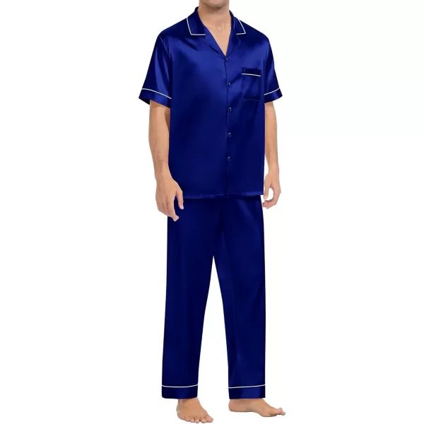 SWOMOG Mens Silk Satin Pajamas Sets Short Sleeve Pj Sets Classic Button Down Loungewear with Long PantsNavy Blue