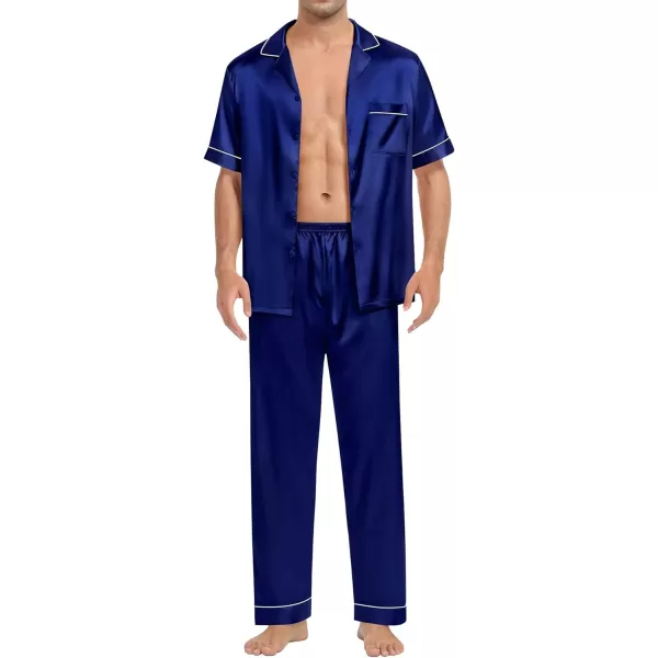 SWOMOG Mens Silk Satin Pajamas Sets Short Sleeve Pj Sets Classic Button Down Loungewear with Long PantsNavy Blue