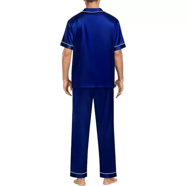 SWOMOG Mens Silk Satin Pajamas Sets Short Sleeve Pj Sets Classic Button Down Loungewear with Long PantsNavy Blue