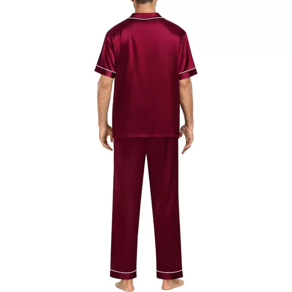 SWOMOG Mens Silk Satin Pajamas Sets Short Sleeve Pj Sets Classic Button Down Loungewear with Long PantsWine Red