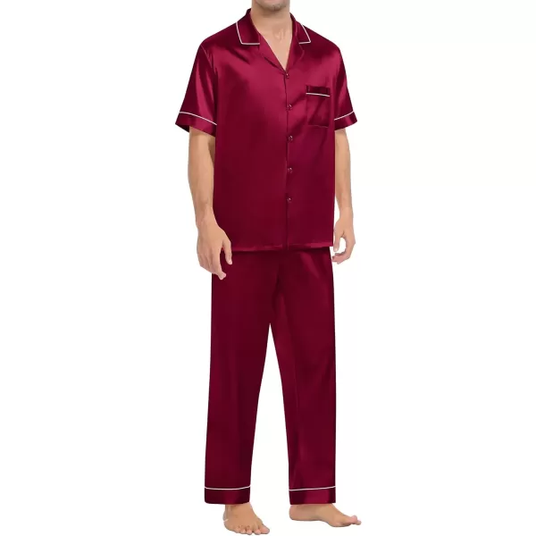 SWOMOG Mens Silk Satin Pajamas Sets Short Sleeve Pj Sets Classic Button Down Loungewear with Long PantsWine Red