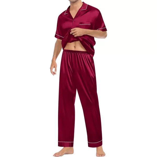 SWOMOG Mens Silk Satin Pajamas Sets Short Sleeve Pj Sets Classic Button Down Loungewear with Long PantsWine Red