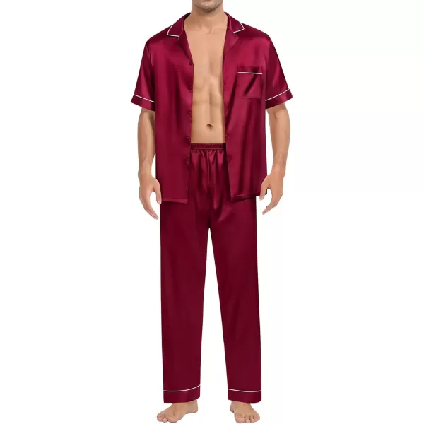 SWOMOG Mens Silk Satin Pajamas Sets Short Sleeve Pj Sets Classic Button Down Loungewear with Long PantsWine Red