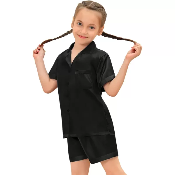 SWOMOG Satin Kid Pajamas for Girls Silk Pjs Set Boys Sleepwear Buttonup Lounge Sets Short Sleeve Nightwear with PocketsBlack