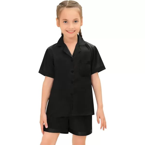 SWOMOG Satin Kid Pajamas for Girls Silk Pjs Set Boys Sleepwear Buttonup Lounge Sets Short Sleeve Nightwear with PocketsBlack