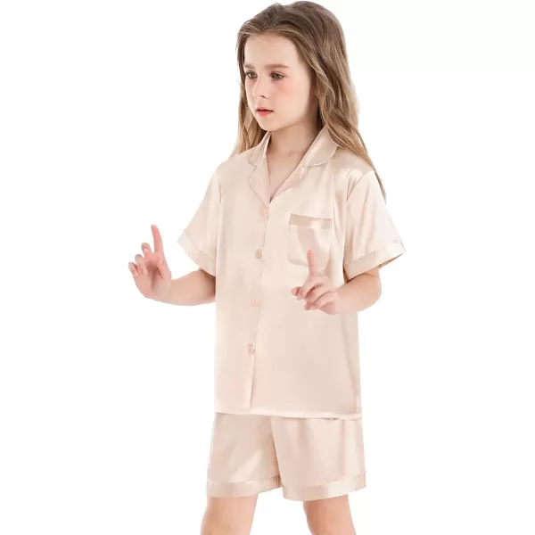 SWOMOG Satin Kid Pajamas for Girls Silk Pjs Set Boys Sleepwear Buttonup Lounge Sets Short Sleeve Nightwear with PocketsChampagne