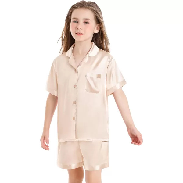 SWOMOG Satin Kid Pajamas for Girls Silk Pjs Set Boys Sleepwear Buttonup Lounge Sets Short Sleeve Nightwear with PocketsChampagne
