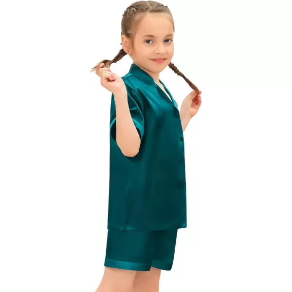 SWOMOG Satin Kid Pajamas for Girls Silk Pjs Set Boys Sleepwear Buttonup Lounge Sets Short Sleeve Nightwear with PocketsGreen