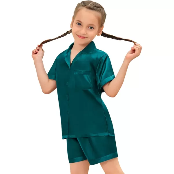 SWOMOG Satin Kid Pajamas for Girls Silk Pjs Set Boys Sleepwear Buttonup Lounge Sets Short Sleeve Nightwear with PocketsGreen