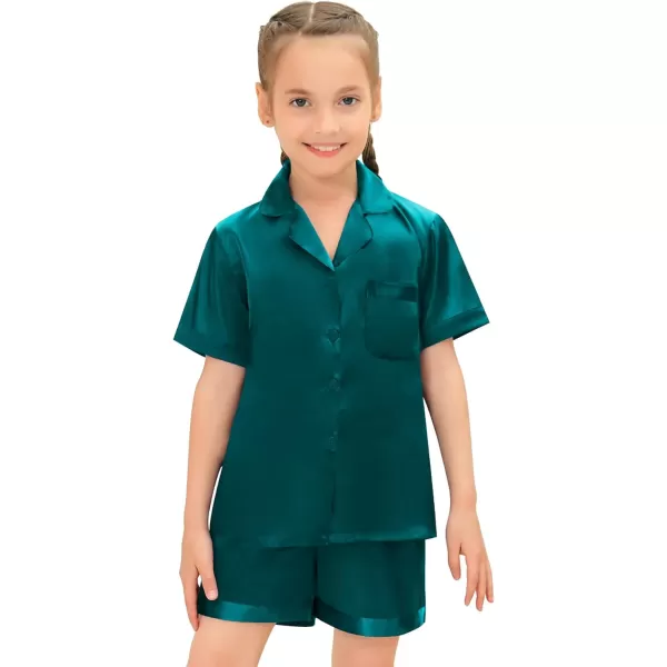 SWOMOG Satin Kid Pajamas for Girls Silk Pjs Set Boys Sleepwear Buttonup Lounge Sets Short Sleeve Nightwear with PocketsGreen