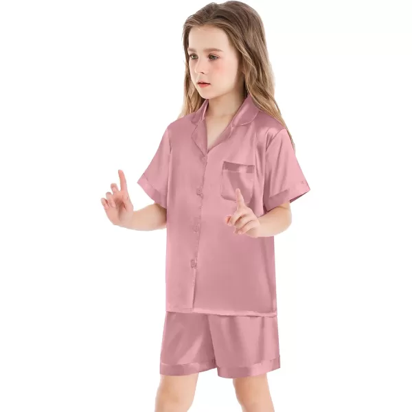 SWOMOG Satin Kid Pajamas for Girls Silk Pjs Set Boys Sleepwear Buttonup Lounge Sets Short Sleeve Nightwear with PocketsMisty