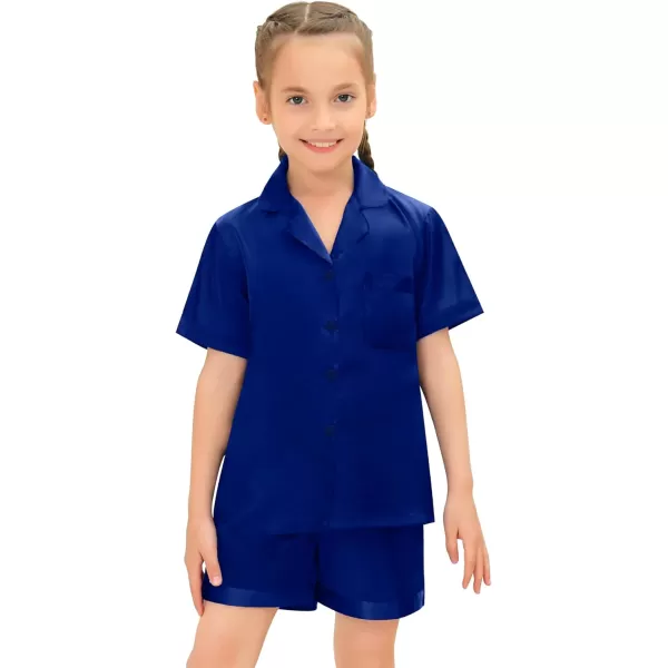 SWOMOG Satin Kid Pajamas for Girls Silk Pjs Set Boys Sleepwear Buttonup Lounge Sets Short Sleeve Nightwear with PocketsNavy Blue