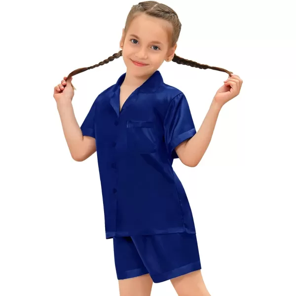 SWOMOG Satin Kid Pajamas for Girls Silk Pjs Set Boys Sleepwear Buttonup Lounge Sets Short Sleeve Nightwear with PocketsNavy Blue