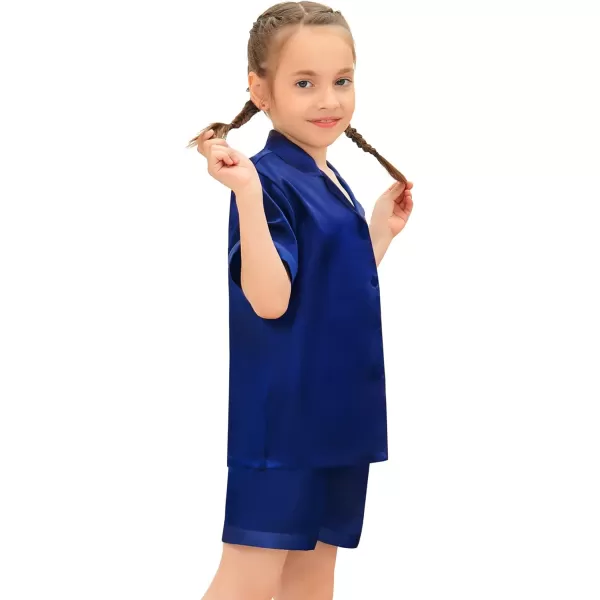 SWOMOG Satin Kid Pajamas for Girls Silk Pjs Set Boys Sleepwear Buttonup Lounge Sets Short Sleeve Nightwear with PocketsNavy Blue