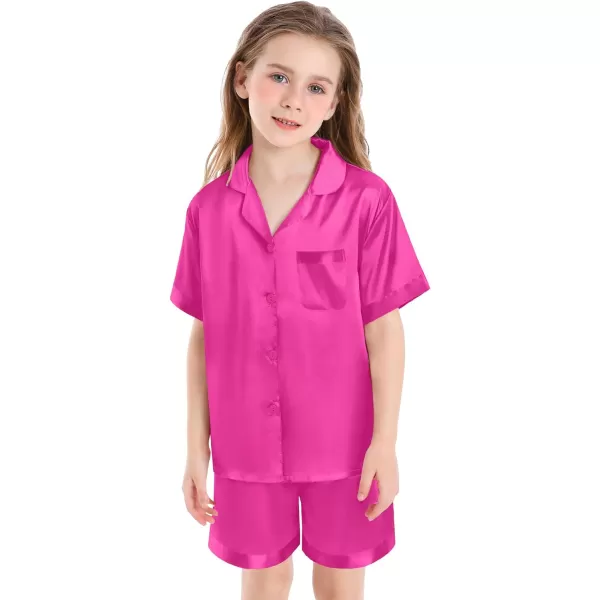 SWOMOG Satin Kid Pajamas for Girls Silk Pjs Set Boys Sleepwear Buttonup Lounge Sets Short Sleeve Nightwear with PocketsRose Red