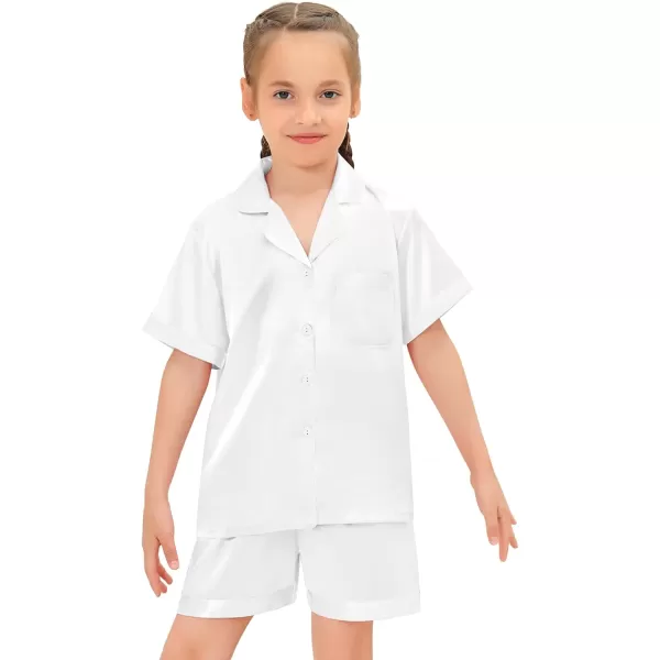 SWOMOG Satin Kid Pajamas for Girls Silk Pjs Set Boys Sleepwear Buttonup Lounge Sets Short Sleeve Nightwear with PocketsWhite