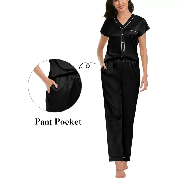 SWOMOG Womens 3pcs Silk Satin Pajamas Set Short Sleeve Button Down Sleepwear Soft Loungewear Pjs NightwearBlack